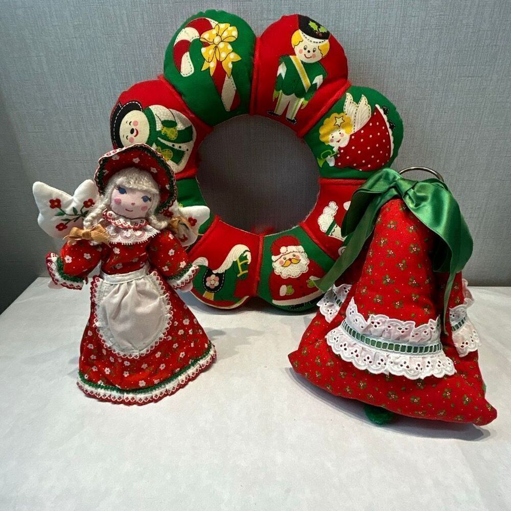 Vintage Christmas Wreath Fabric Decor Santa Snowman Angel Stuffed Pillow